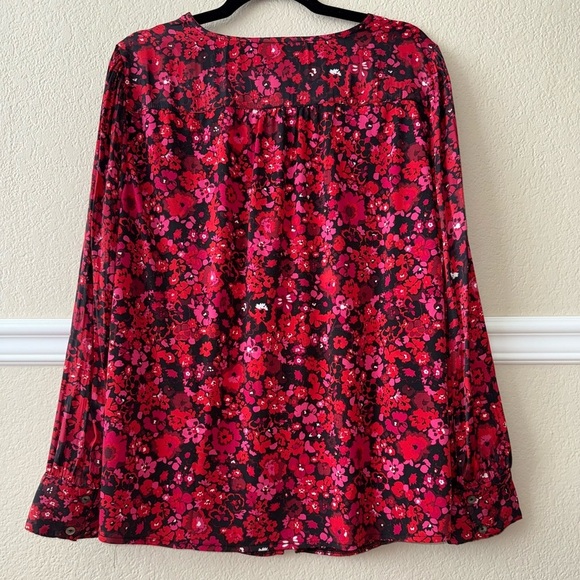 Lane Bryant Ruched Button-Front Knit & Woven Blouse Red Floral Plus Size 14/16 - Picture 3 of 11